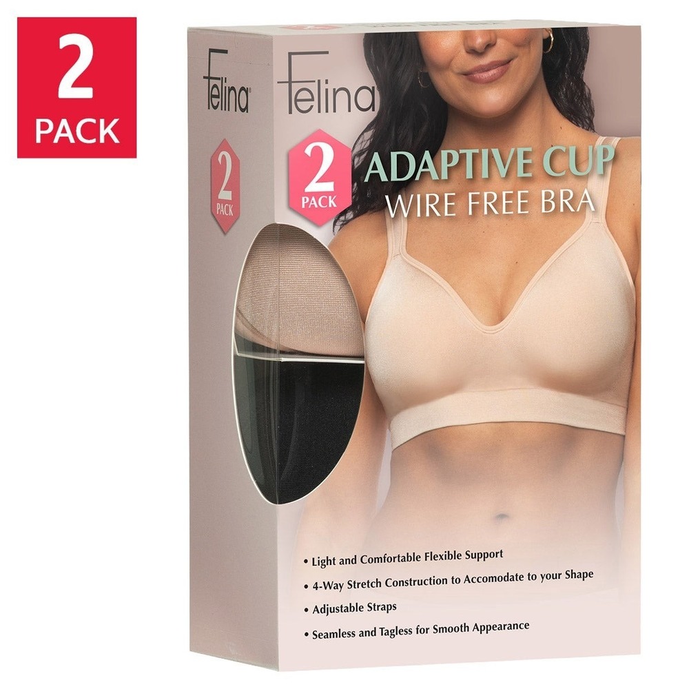 Felina Women's Adaptive Cup Wire-Free Bra, 2-Pack, Nude / Black, Size: Small